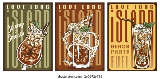 Long island cocktail glass on retro, vintage poster with ice and slice of orange for design of surfing, tiki, beach bar menu. Negroni, old fashioned alcohol cocktail set for drink party, summer vibes