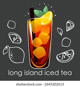 Coquetel de Long Island com gelo sobre fundo escuro. Bebida refrescante de verão com cunha de limão, cubos de gelo e hortelã. Ilustração vetorial.