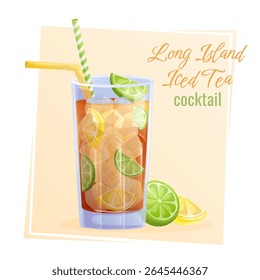 Long island cocktail iced tea in a glass, a slice of lime, lemon, ice on a yellow background. The concept of a party, cocktail bar, summer. Isolated vector illustration for menu design, poster, banner