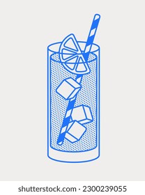 Long island cocktail with a lemon slice, ice cubes, and straw. Line art, retro. Vector illustration for bars, cafes, and restaurants.