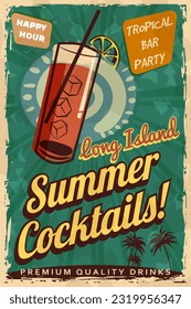 Afiche del Long Island Cocktail Retro. Cartel vintage del salón de cócteles,