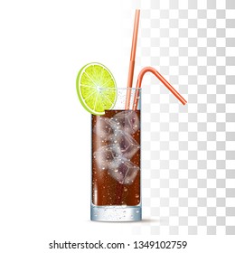 Long Island Cocktail Served In The Slightly Glass With Red Straws, Lime And Ice Cubes. Front View. 3d Photo Realistic Vector Illustration Isolated On Transparent Background