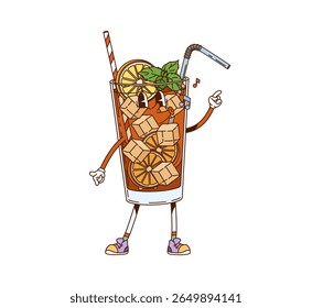 Long Island cocktail, soda drink groovy character. Refreshing cold cocktail retro vector personage, alcohol drink glass cheerful mascot. Long Island beverage groovy character with lemon, mint and ice