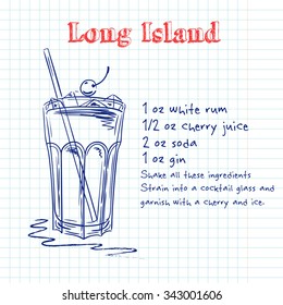 Long island. Hand drawn illustration of cocktail, including recipes and ingredients. Vector collection.
