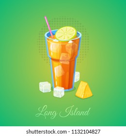 Long island ice tea cocktail with limes in cartoon style. Vector Illustration.