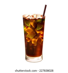 Long island ice tea realistic cocktail in glass with drinking straw isolated on white background vector illustration