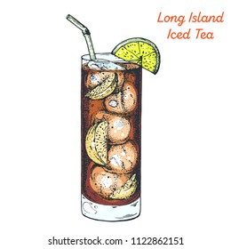 Long Island Iced Tea Cocktail Illustration. Alcoholic Cocktails Hand Drawn Vector Illustration. 