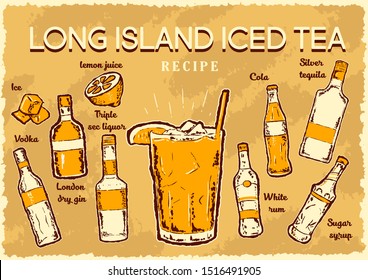 long island iced tea cocktail recipe retro poster. Vector illustration.
