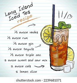 Long Island Iced Tea cocktail, vector sketch hand drawn illustration, fresh summer alcoholic drink with recipe and fruits