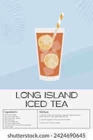 Long Island Iced Tea Cocktail with lime slices. Classic alcoholic beverage recipe. Summer aperitif poster. Minimalist trendy print with alcoholic drink. Vector flat illustration.