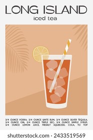 Long Island Iced Tea Cocktail with lime slices. Classic alcoholic beverage recipe. Summer aperitif poster. Minimalist trendy print with alcoholic drink. Vector flat illustration.