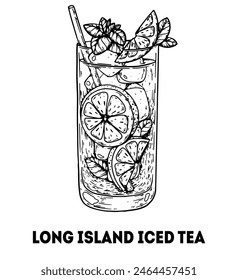  Long island iced tea cocktail illustration. Hand drawn sketch. Vector illustration. Isolated object.