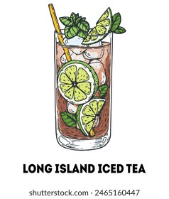  Long Island Eistee Cocktail Illustration. Handgezeichnete Skizze. Vektorillustration. Isoliertes Objekt.