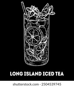 Long island iced tea cocktail illustration. Hand drawn sketch. Vector illustration. Isolated object.