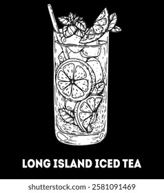 Long island iced tea cocktail illustration. Hand drawn sketch. Vector illustration. Isolated object.
