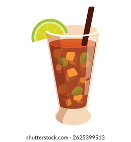 Long island iced tea cocktail is garnished with a lime wedge and served in a tall glass with ice cubes and a straw