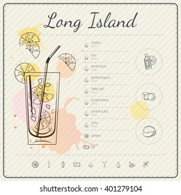 Long island iced tea. Cocktail infographic set. Vector illustration. Colorful watercolor background