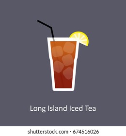 Long Island Iced Tea Cocktail Icon On Dark Background In Flat Style