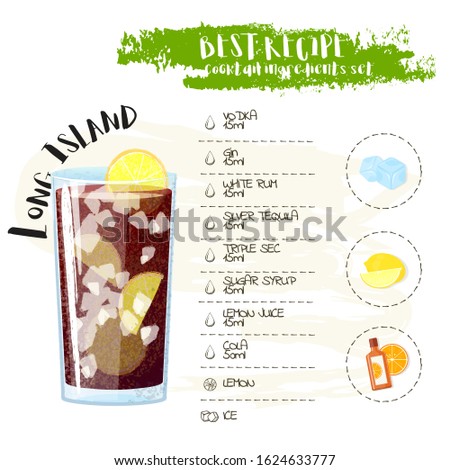 Long Island. Image of a cocktail and a set of ingredients for making a drink at the bar. Cartoon style. Vector illustration