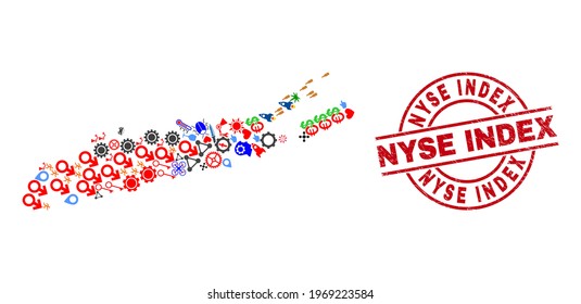Long Island map collage and grunge Nyse Index red circle stamp. Nyse Index stamp uses vector lines and arcs. Long Island map mosaic contains helmets, homes, screwdrivers, suns, men, and more icons.