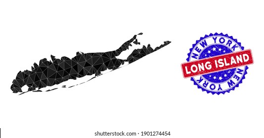 Long Island map polygonal mesh with filled triangles, and rough bicolor seal. Triangle mosaic Long Island map with mesh vector model, triangles have various sizes, and positions, and color tinges.