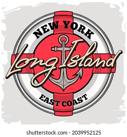 Long Island New York Typografie. Vintage-Emblem im nautischen Stil. Anker, Lifebuy und handgezeichnete Schrift.