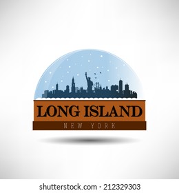 Long Island, New York, United States of America city skyline silhouette in snow globe. Vector design.