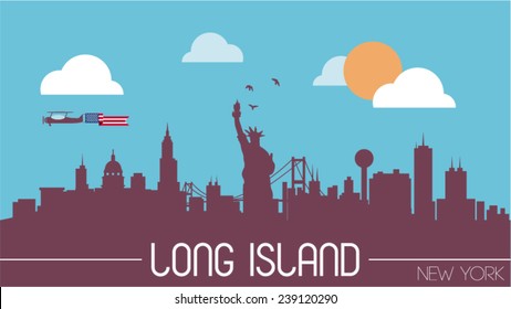 Long Island New York USA Skyline Silhouette Flat Design Vector Illustration.