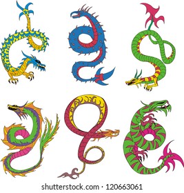 Long japanese dragon worms. Set of color vector illustrations.