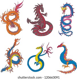 Long japanese dragon worms. Set of color vector illustrations.