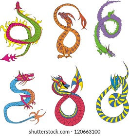 Long japanese dragon worms. Set of color vector illustrations.