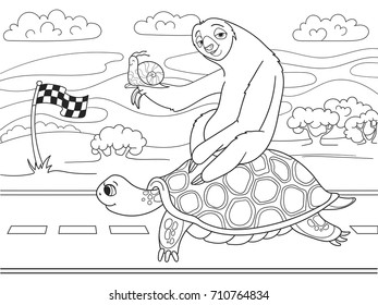 Long Journey, speed. Three friends went on a long trip. Sloth and snail riding a turtle. Vector cartoon coloring book.