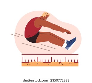 Long jump athlete in motion vector flat illustration. Athletic sport competition. Black man in flight, jump in sand pit with measuring scale isolated on white background.