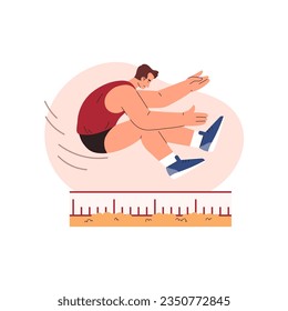 Long jump athlete in motion vector flat illustration. Athletic sport competition. Man in flight, jump in sand pit with measuring scale isolated on white background.