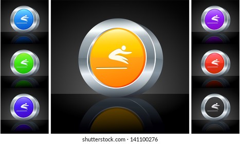 Long Jump Icon on 3D Button with Metallic Rim Original Illustration 