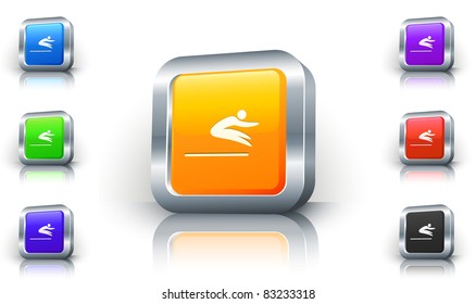 Long Jump Icon on 3D Button with Metallic Rim Original Illustration