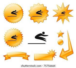 Icono de salto largo en pancartas de ráfaga naranja y medallas Ilustración vectorial original