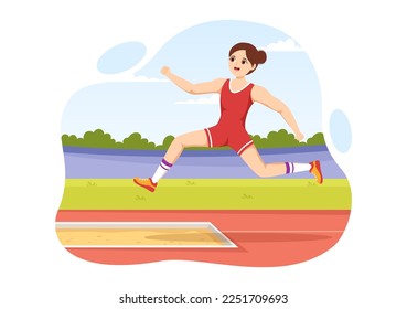 Long Jump Illustration with Athlete Doing Jumps in Sand Pit for Web Banner or Landing Page in Sport Championship Flat Cartoon Hand Drawn Templates