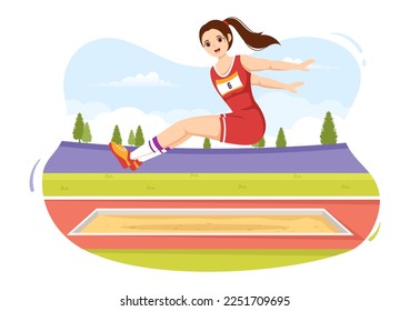 Long Jump Illustration with Athlete Doing Jumps in Sand Pit for Web Banner or Landing Page in Sport Championship Flat Cartoon Hand Drawn Templates