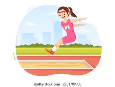 Long Jump Illustration with Kids Doing Jumps in Sand Pit for Web Banner or Landing Page in Sport Championship Flat Cartoon Hand Drawn Templates