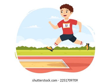 Long Jump Illustration with Kids Doing Jumps in Sand Pit for Web Banner or Landing Page in Sport Championship Flat Cartoon Hand Drawn Templates