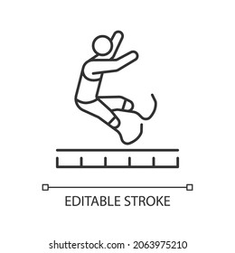 Long jump linear icon. Jumping for distance sport. Horizontal jump. Sportsman with prosthesis. Thin line customizable illustration. Contour symbol. Vector isolated outline drawing. Editable stroke
