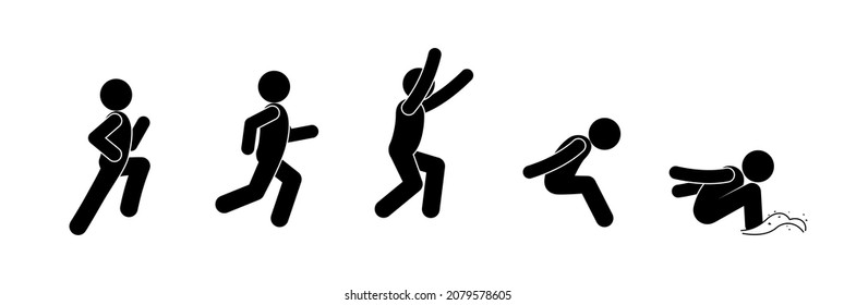 long jump technique, man jumping from a run, stick figure human silhouette, sport icon