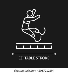 Long jump white linear icon for dark theme. Jumping for distance. Sportsman with prosthesis. Thin line customizable illustration. Isolated vector contour symbol for night mode. Editable stroke