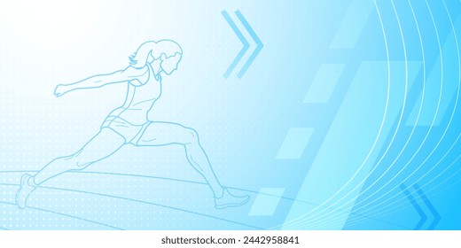 Long jumper themed background in blue tones with abstract lines and dots, with sport symbols such as a female athlete and a running track