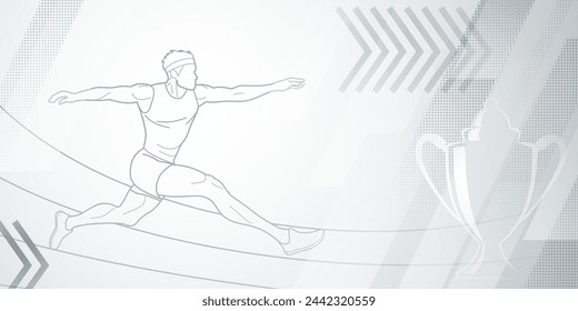 Long jumper themed background in gray tones with abstract lines and dots, with sport symbols such as a male athlete and a cup