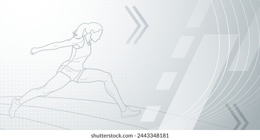 Long jumper themed background in gray tones with abstract lines and dots, with sport symbols such as a female athlete and a running track