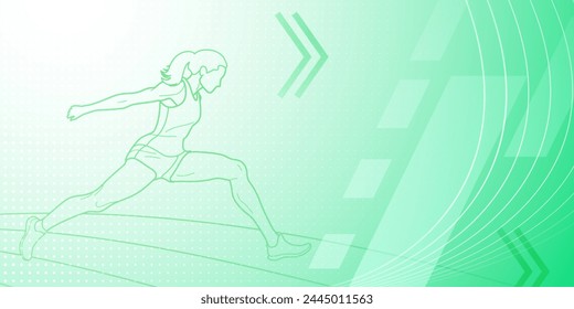 Long jumper themed background in green tones with abstract lines and dots, with sport symbols such as a female athlete and a running track