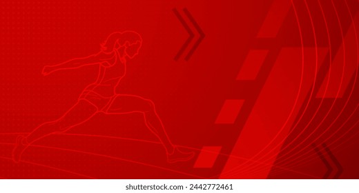 Long jumper themed background in red tones with abstract lines and dots, with sport symbols such as a female athlete and a running track