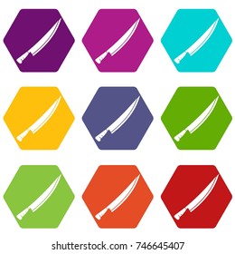 Long knife icon set many color hexahedron isolated on white vector illustration